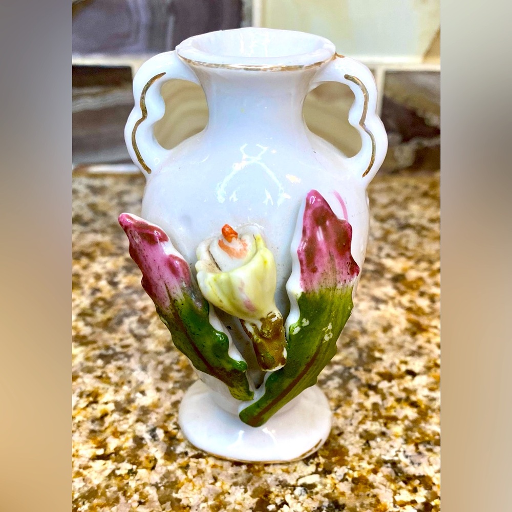 Vintage Small Miniature Vase White Raised Golden Floral 3D Ceramic Japan.